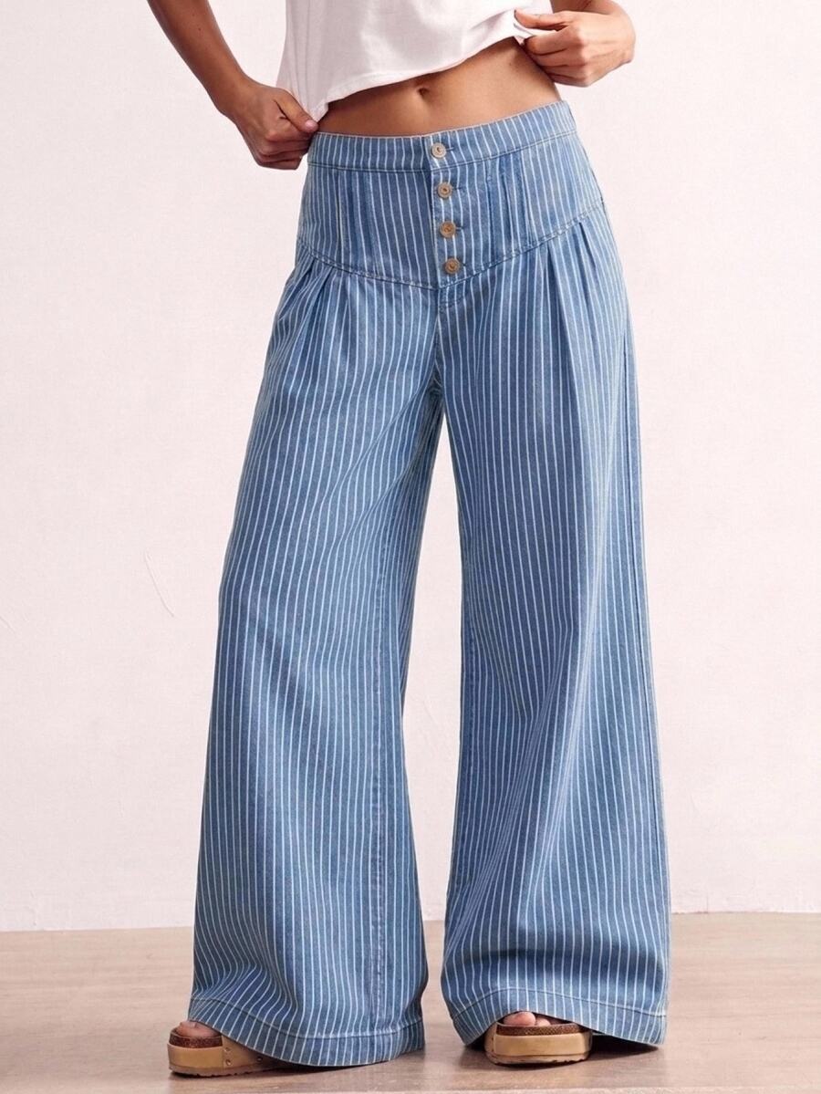 Bohemela Plus-Size Women's Striped Button Wide-Leg Loose Jeans, Blue Jeans For Everyday Casual 1960s 90s Wear. Summer Vacation Formal