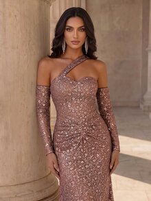 Coutiva Women's One-Shoulder Sequin Fitted Mermaid Elegant Formal Evening Gown With Sleeve Covers (Heavy Workmanship Style) - Brown - View 3