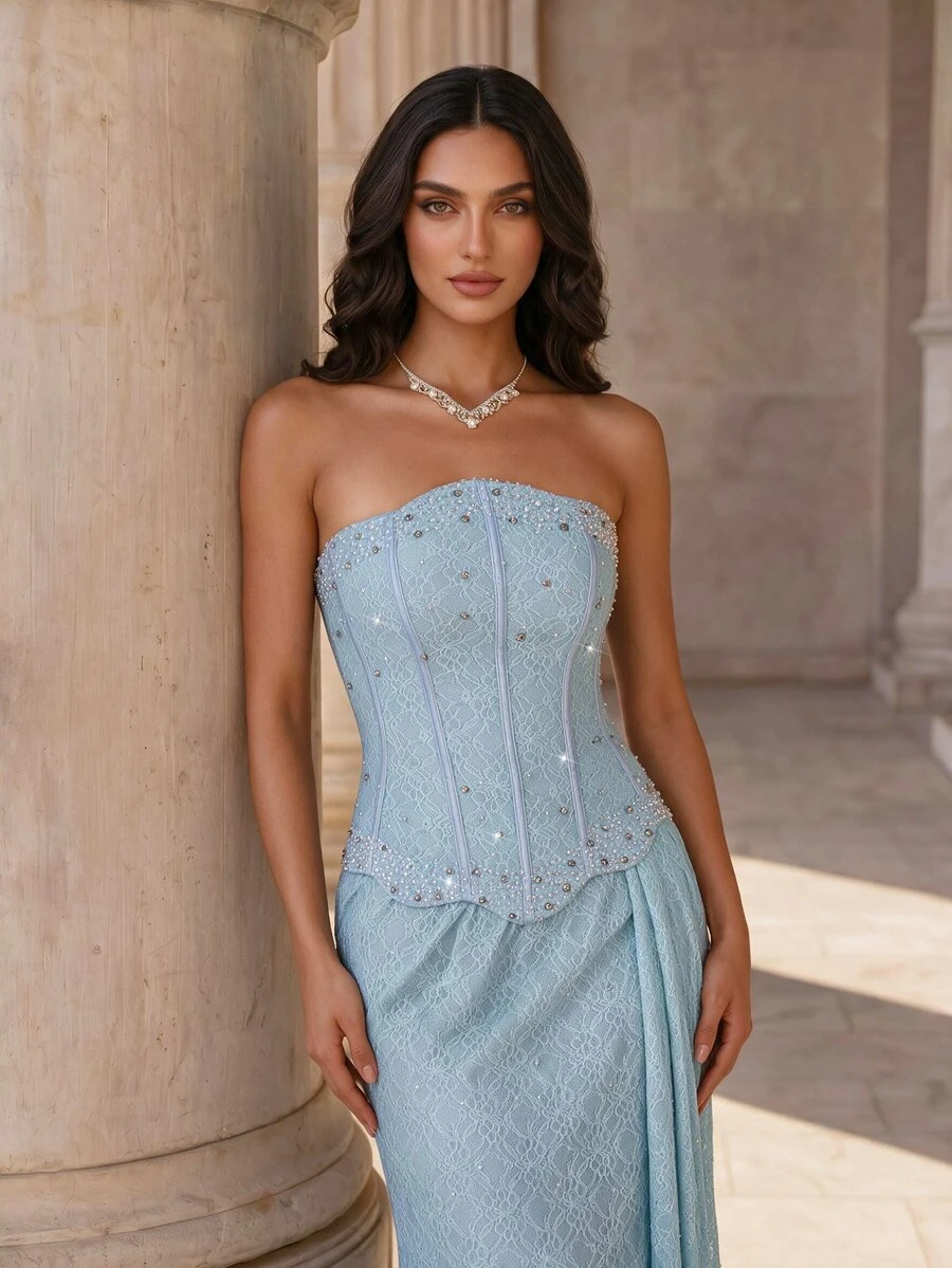 Coutiva Women's Rhinestone Design Ribbon Strapless Lace Elegant Formal Evening Gown - Baby Blue - View 1
