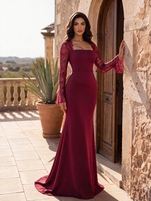Coutiva Burgundy Lace Flared Sleeve Evening Dress Women S-XL | Square Neck & Ruched Bodycon Maxi Gown For Wedding Guest & Prom - Burgundy - View 4