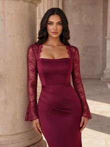 Coutiva Burgundy Lace Flared Sleeve Evening Dress Women S-XL | Square Neck & Ruched Bodycon Maxi Gown For Wedding Guest & Prom - Burgundy - View 6