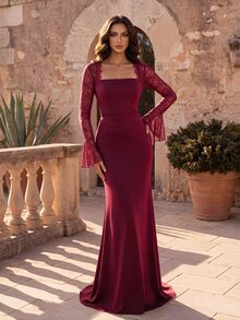 Coutiva Burgundy Lace Flared Sleeve Evening Dress Women S-XL | Square Neck & Ruched Bodycon Maxi Gown For Wedding Guest & Prom - Burgundy - View 5