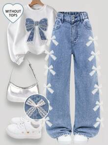 Tween Girls' New Casual Fashion Minimalist Versatile All-Season Mid-Blue Washed Denim Jeans, Classic 5-Pocket Design With Lace Trim And Bow Decor On Sides, Cotton Loose Soft Straight Wide Leg Pants, Suitable For Daily Wear, Vacation, Back To School - Medium Wash - View 1