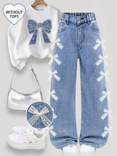 Celana Jeans Denim Biru Muda Minimalis Serbaguna Kasual Terbaru untuk Remaja Perempuan, Desain Klasik 5 Saku dengan Hiasan Renda dan Pita di Samping, Celana Panjang Katun Longgar Lembut Lurus Lebar, Cocok untuk Pemakaian Sehari-hari, Liburan, dan Kembali ke Sekolah