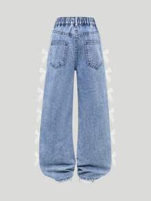 Tween Girls' New Casual Fashion Minimalist Versatile All-Season Mid-Blue Washed Denim Jeans, Classic 5-Pocket Design With Lace Trim And Bow Decor On Sides, Cotton Loose Soft Straight Wide Leg Pants, Suitable For Daily Wear, Vacation, Back To School - Medium Wash - View 2