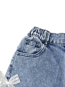 Tween Girls' New Casual Fashion Minimalist Versatile All-Season Mid-Blue Washed Denim Jeans, Classic 5-Pocket Design With Lace Trim And Bow Decor On Sides, Cotton Loose Soft Straight Wide Leg Pants, Suitable For Daily Wear, Vacation, Back To School - Medium Wash - View 6