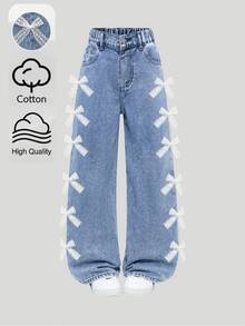 Tween Girls' New Casual Fashion Minimalist Versatile All-Season Mid-Blue Washed Denim Jeans, Classic 5-Pocket Design With Lace Trim And Bow Decor On Sides, Cotton Loose Soft Straight Wide Leg Pants, Suitable For Daily Wear, Vacation, Back To School - Medium Wash - View 3