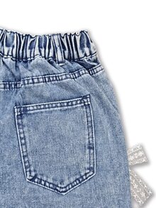 Tween Girls' New Casual Fashion Minimalist Versatile All-Season Mid-Blue Washed Denim Jeans, Classic 5-Pocket Design With Lace Trim And Bow Decor On Sides, Cotton Loose Soft Straight Wide Leg Pants, Suitable For Daily Wear, Vacation, Back To School - Medium Wash - View 5