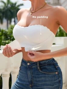 SHEIN Casual-Comfy Women's Front Closure Ruched Thread White Bandeau Bra Wireless, 1pc - White - View 3
