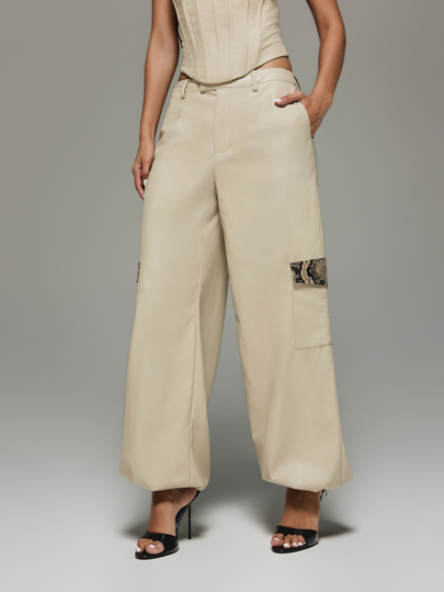 KIZN Pantalon cargo à jambes larges avec détail de poche à applique imprimé serpent, taille mi-haute, longueur complète, style affirmé pour l'automne et l'hiver