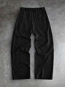 GETOML 男士黑色細條紋高腰寬腿長褲，前褶皺鬆身夏季長褲 - 黑色 - 查看 4