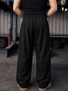 GETOML Men's Casual Everyday Commute Minimalist Solid Color Pleated Loose Pants, Vacation, Father's Day Gifts, Football - Black - View 2