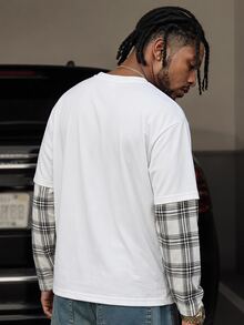 GETOML 男士休閒通勤街頭格紋拼接假兩件拼接撞色2合1T恤，秋季城市度假街頭長袖上衣，足球風 - 彩色 - 查看 2