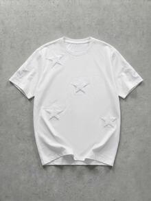 GETOML 男士街頭風星星印花刺繡T恤，城市度假街頭風熱門搭配短袖，戶外音樂節禮物，足球 - 白色 - 查看 3