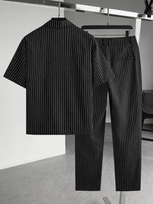 GETOML 男士黑色細條紋寬鬆襯衫與寬腿長褲兩件套，街頭風套裝 - 黑色 - 查看 5