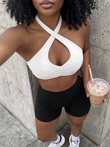 SHEIN Sports 女款素色百褶交叉鏤空運動內衣 - 白色 - 查看 7