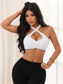 SHEIN Sports 女款素色百褶交叉鏤空運動內衣 - 白色 - 查看 5