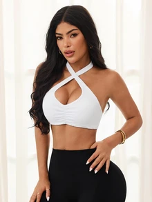 SHEIN Sports 女款素色百褶交叉鏤空運動內衣 - 白色 - 查看 4