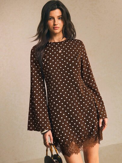 Poéselle Vestido mini de mujer con lunares marrones y ribete de encaje–Vestido de fiesta de satén con mangas largas acampanadas y cintura anudada Atuendos de festival de otoño/invierno Atuendo de Año Nuevo Vestido de cumpleaños