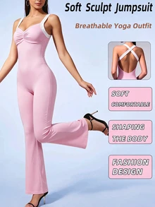 SHEIN Sovereign Charm Women Sports Jumpsuits Gym Pink And White Summer Sporty - Pink - View 6