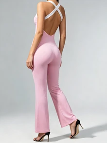 SHEIN Sovereign Charm Women Sports Jumpsuits Gym Pink And White Summer Sporty - Pink - View 3