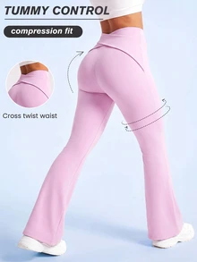 SHEIN Sovereign Charm Cross Twist Wide Waistband Flare Leg Sports Soft Athletic Soft Pants Gym Light Pink Summer Gym - Pink - View 2