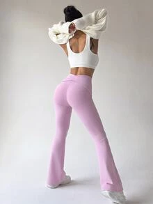 SHEIN Sovereign Charm Cross Twist Wide Waistband Flare Leg Sports Soft Athletic Soft Pants Gym Light Pink Summer Gym - Pink - View 5