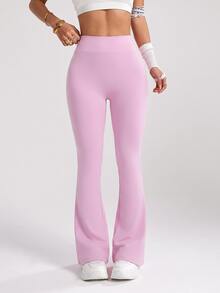 SHEIN Sovereign Charm Cross Twist Wide Waistband Flare Leg Sports Soft Athletic Soft Pants Gym Light Pink Summer Gym - Pink - View 3