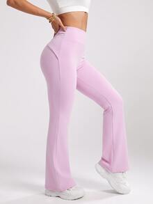 SHEIN Sovereign Charm Cross Twist Wide Waistband Flare Leg Sports Soft Athletic Soft Pants Gym Light Pink Summer Gym - Pink - View 4