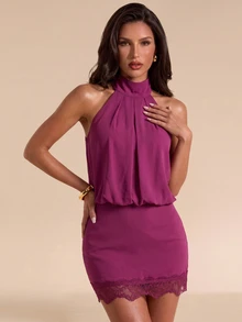 Bluhae Fashion Sexy Elegant Evening Night Out Party Dress With Halter Neck And Lace Trim Hem, Women's Spring/Summer Purple-Red Short Dress - Red Violet - View 6