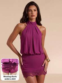Bluhae Fashion Sexy Elegant Evening Night Out Party Dress With Halter Neck And Lace Trim Hem, Women's Spring/Summer Purple-Red Short Dress - Red Violet - View 2