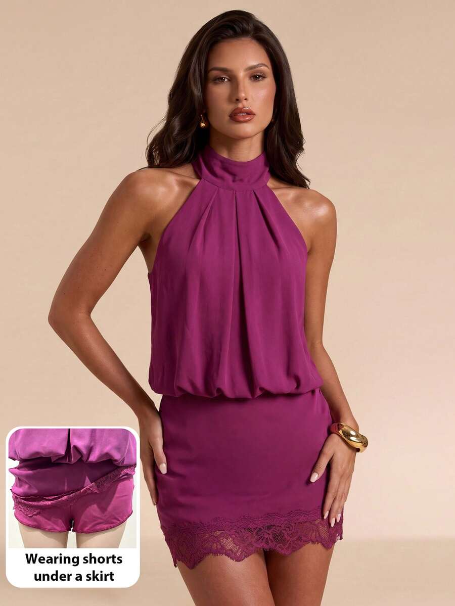 Bluhae Fashion Sexy Elegant Evening Night Out Party Dress With Halter Neck And Lace Trim Hem, Women's Spring/Summer Purple-Red Short Dress