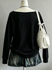 Lalippa Long Sleeve Loose Off The Shoulder Tshirts Halloween Graphic Oversize Tee - Black - View 2