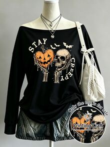 Lalippa Long Sleeve Loose Off The Shoulder Tshirts Halloween Graphic Oversize Tee - Black - View 1