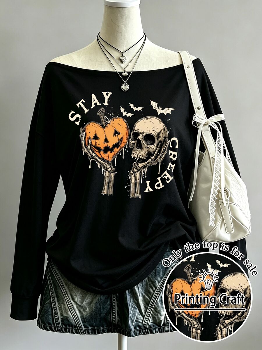 Lalippa Long Sleeve Loose Off The Shoulder Tshirts Halloween Graphic Oversize Tee - Black - View 1