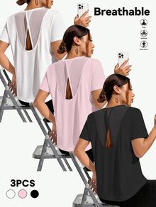 Eassivo Eassivo 3件組女款透氣網布拼接短袖寬鬆運動上衣 白色 粉色 夏季運動休閒風 健身運動穿搭 露背 黑色 - 彩色 - 查看 3