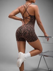 Slayform Slayform Women's Leopard Print Casual Everyday Activewear Romper - Coffee Brown - View 4