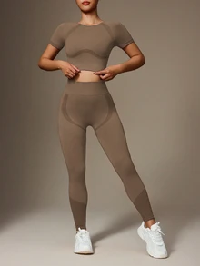 Slayform Slayform Women Splice High Elastic Seamless Cropped Sports Top And Legging Set Workout Sets - Khaki - View 5