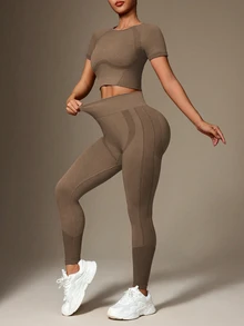 Slayform Slayform Women Splice High Elastic Seamless Cropped Sports Top And Legging Set Workout Sets - Khaki - View 8