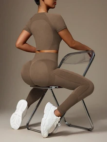 Slayform Slayform Women Splice High Elastic Seamless Cropped Sports Top And Legging Set Workout Sets - Khaki - View 7