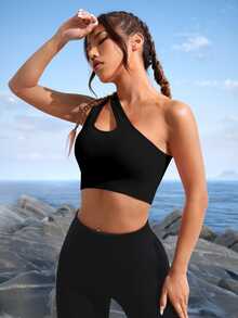 Slayform Slayform Medium Support  One Shoulder Cut Out Sports Bra - Black - View 7