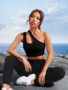 Slayform Slayform Medium Support  One Shoulder Cut Out Sports Bra - Black - View 6