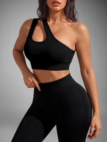 Slayform Slayform Medium Support  One Shoulder Cut Out Sports Bra - Black - View 3