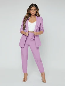 SHEIN SXY Shawl Neck Open Front Blazer & Pants Suit In Fall/Winter - Lilac Purple - View 3