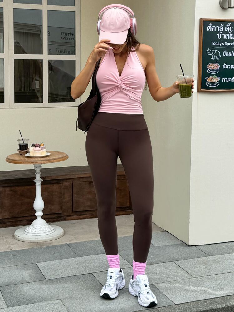 SHEIN Sports 女款純色百搭前打結抓皺掛脖繫帶運動背心 - 粉色 - 查看 4