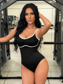 SHEIN Sports Black Contrast Color Tight-Fitting Seamless U-Neck Backless Button-Up One-Piece Jumpsuit For Women - Black - View 5