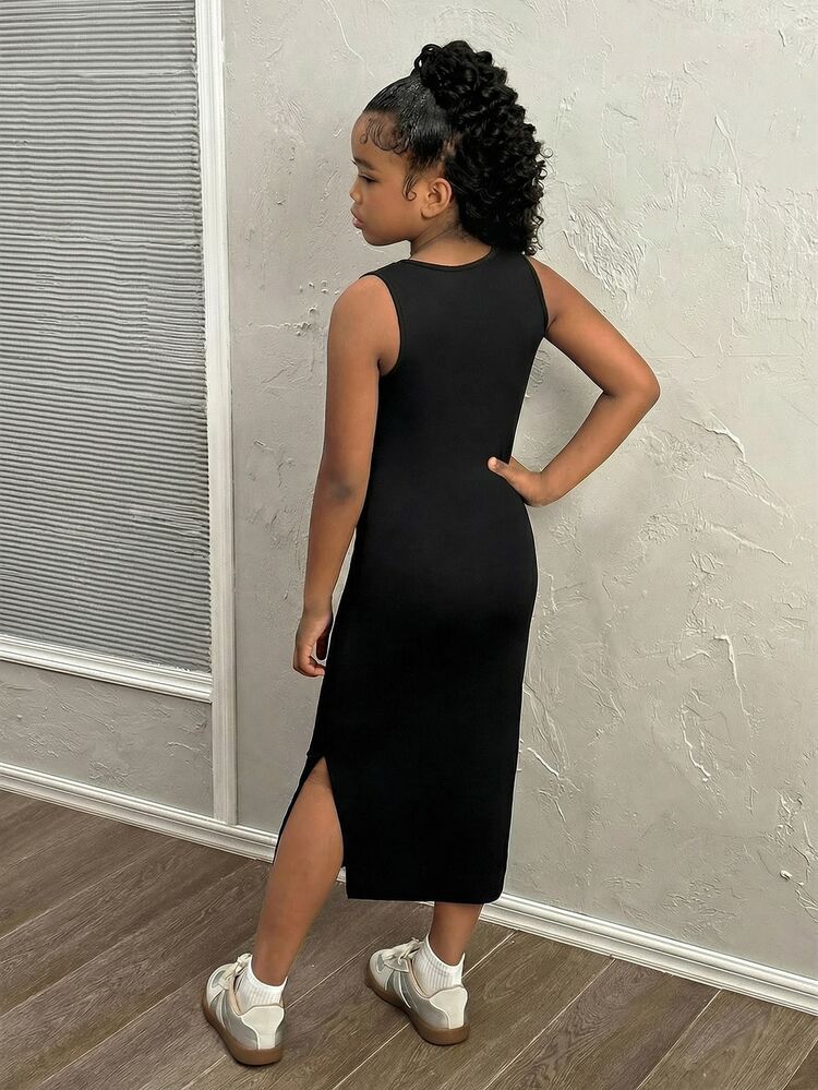 SHEIN Tween Girl Waist Ruched Black Floral Knit Snug Fit Midi Dress, Casual Boho Summer Vacation Holiday Snug Fit Dress For Tween Girl Graduation Homecoming - Black - View 2