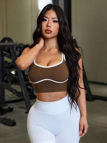SHEIN Sports Contrast Trim Cropped Sports Tank Top - Brown - View 5