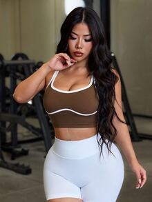 SHEIN Sports Contrast Trim Cropped Sports Tank Top - Brown - View 3
