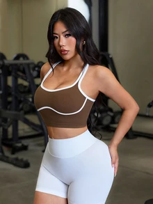 SHEIN Sports Contrast Trim Cropped Sports Tank Top - Brown - View 2